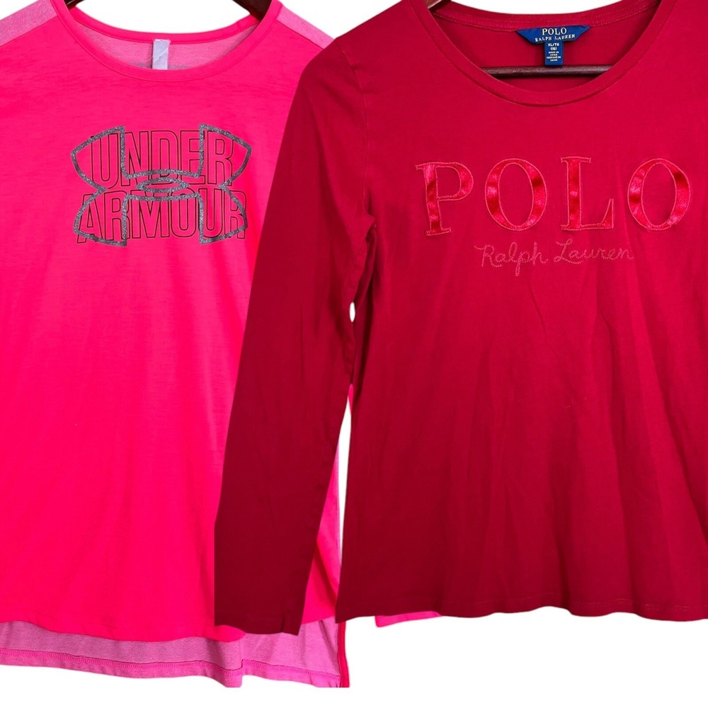 Lot of 2 Polo Ralph Lauren & Under Armour Tshirt Girls XL Pink Red Long Sleeve